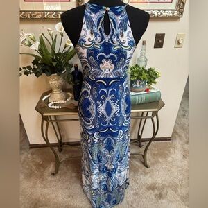 INC HALTER STYLE BLUE PAISLEY SILVER BEADING EMPIRE WAIST MAXI DRESS SZ XS